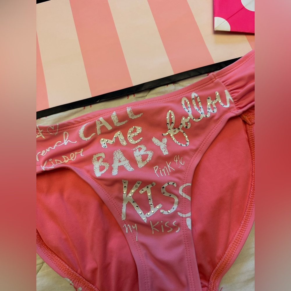 VS PINK VINTAGE Y2K BIKINI SWIMSUIT “CALL ME BABY” KISS LOVE 1986 BLING RARE M/L - Picture 7 of 11